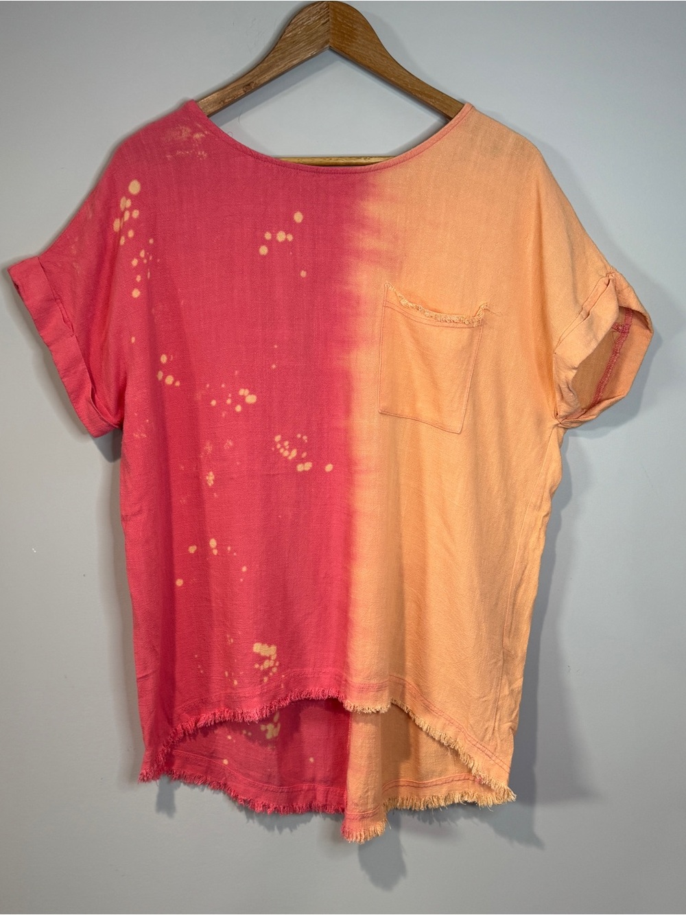 Umgee Pink & Peach Colorblock Splatter Dip Dye Frayed Hem Boho Beachy Artsy M